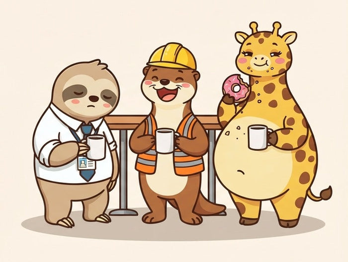 Jojo la loutre, Molo le paresseux et Gigi la girafe en pause café