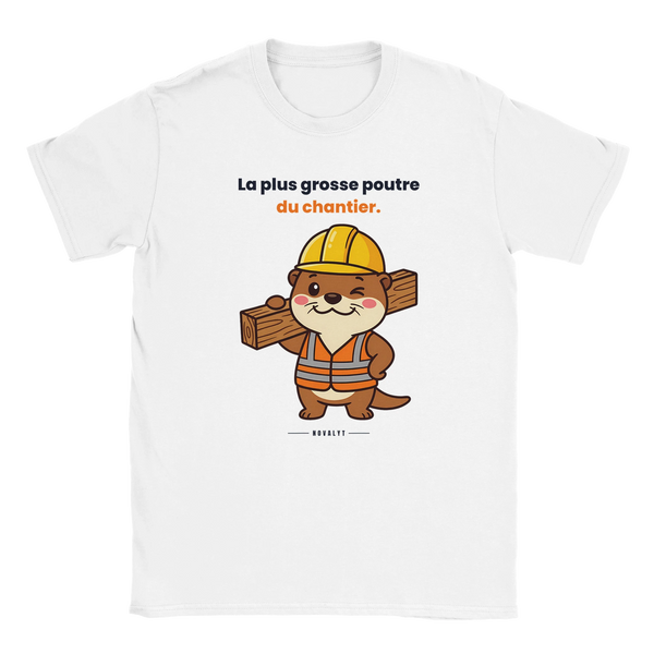 T-shirt blanc NOVALYT avec Jojo la loutre, « La plus grosse poutre du chantier. » – vue de face