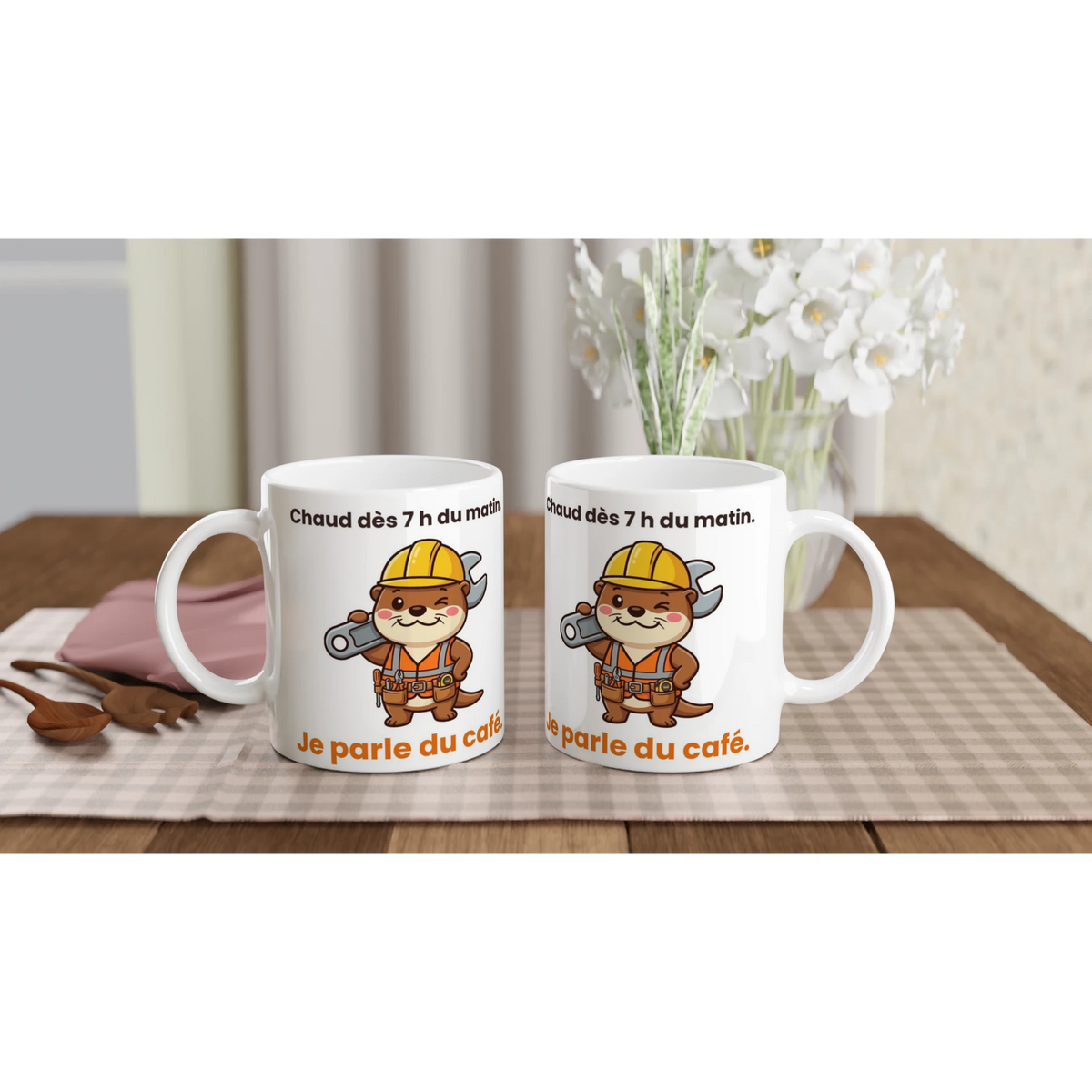 Tasse « Chaud dès 7 h du matin. Je parle du café. » – Jojo la loutre – céramique 330 ml