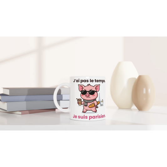 Tasse humour Paris – Jason le cochon avec café, baguette et tour Eiffel