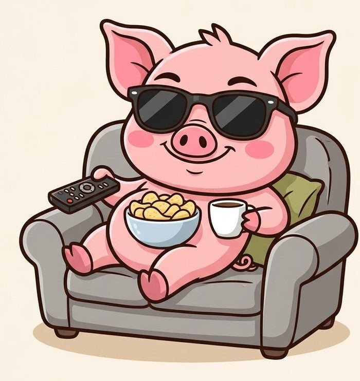 Jason le cochon avachi sur son canapé avec une tasse et des chips