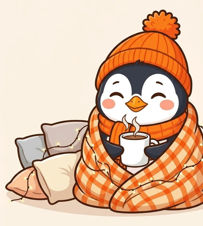 Nono le pingouin emmitouflé dans un plaid avec une tasse de chocolat chaud