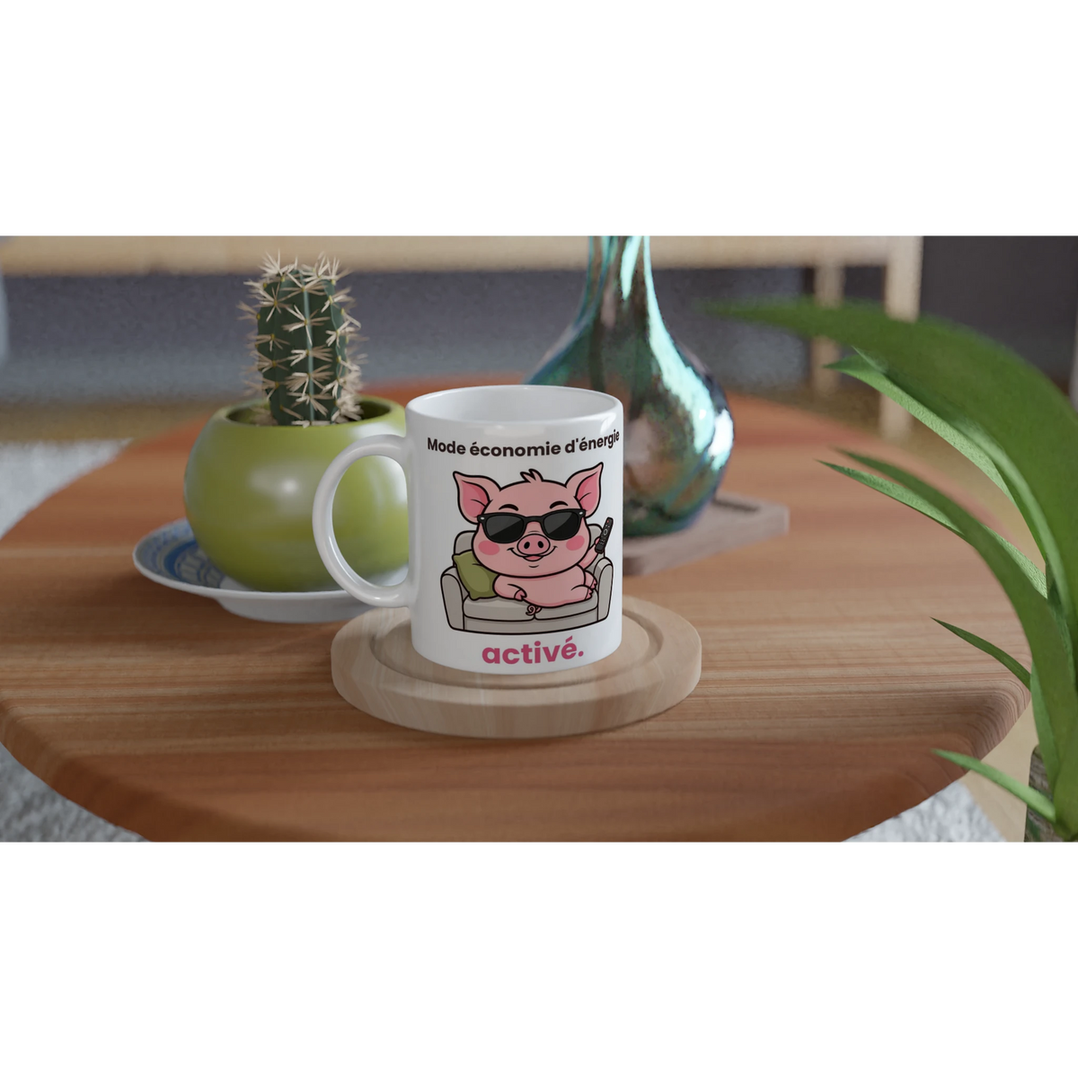Tasse « Mode économie d'énergie activé » – Jason le cochon – mise en situation