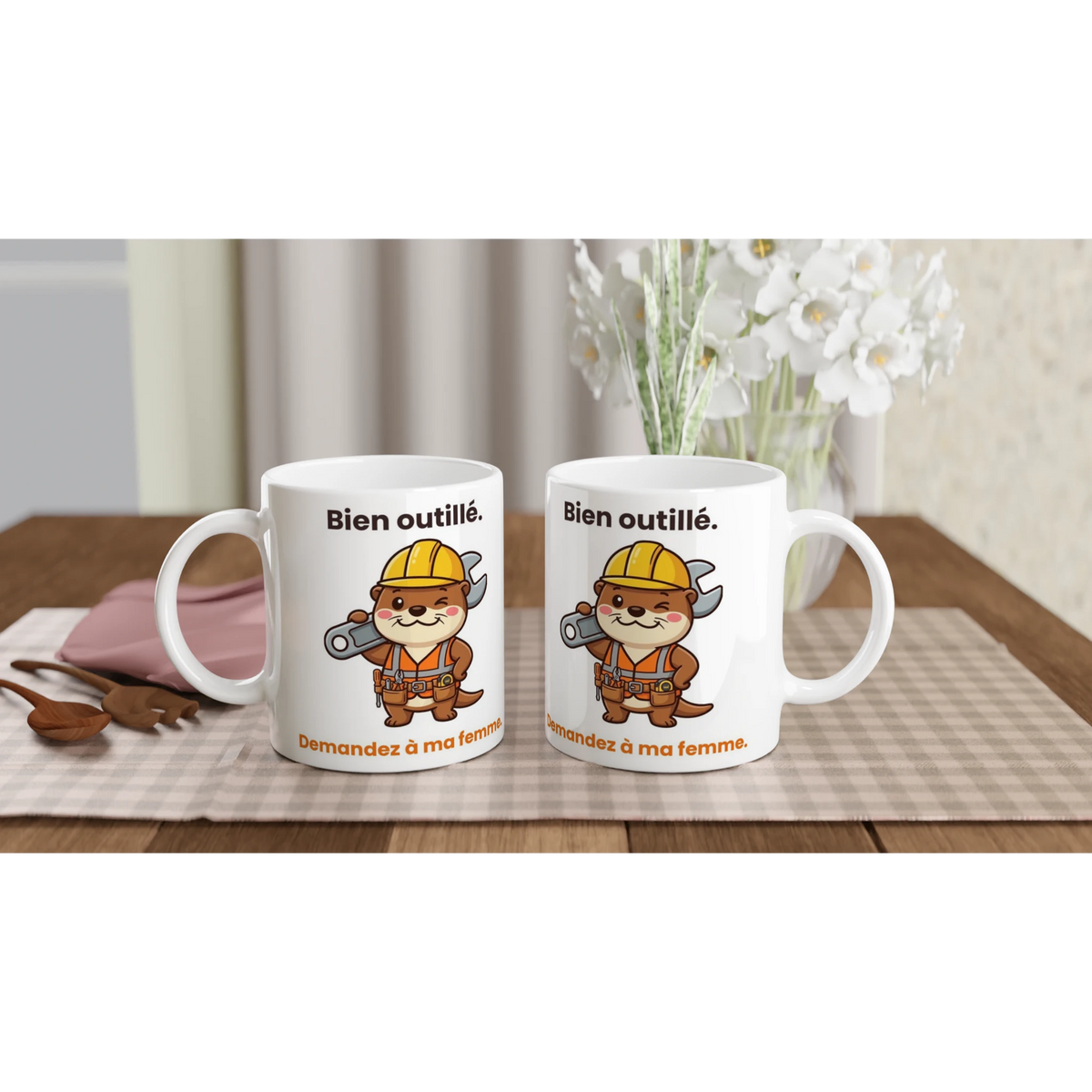 Tasse « Bien outillé. Demandez à ma femme. » – Jojo la loutre – idée cadeau