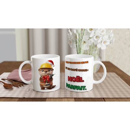 Tasse Noël « Une perceuse neuve et un café chaud » Jojo 3D – les deux côtés : dessin et texte