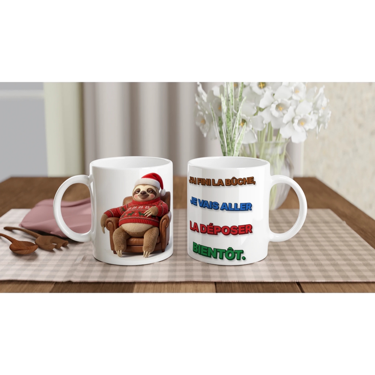 Tasse Noël « J’ai fini la bûche » Molo 3D – les deux côtés : dessin et texte