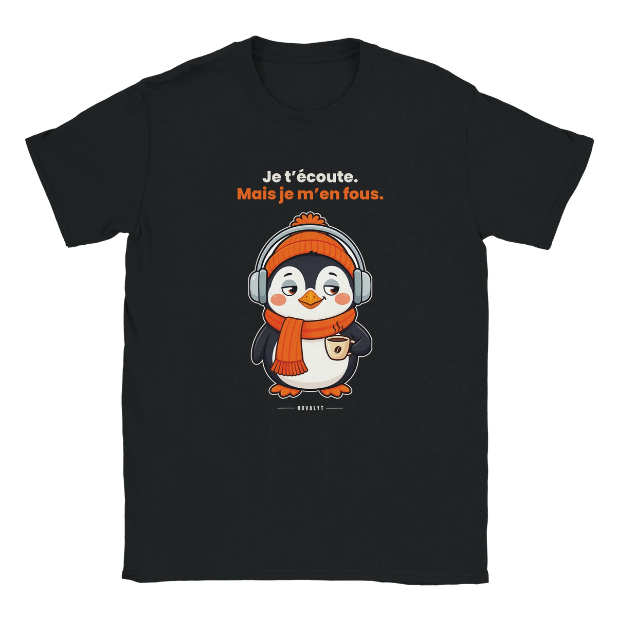T-shirt noir NOVALYT avec Nono le pingouin, « Je t'écoute. Mais je m'en fous. » – vue de face