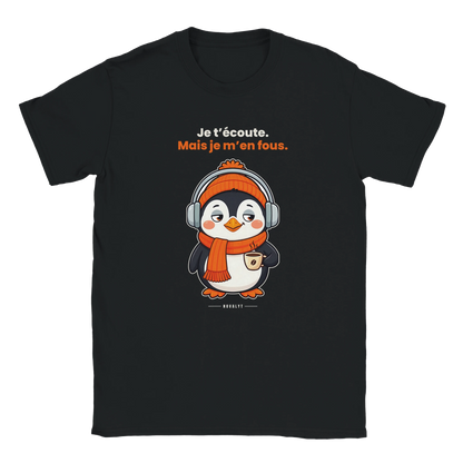 T-shirt noir NOVALYT avec Nono le pingouin, « Je t'écoute. Mais je m'en fous. » – vue de face