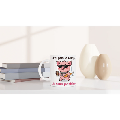 Tasse humour Paris – Jason le cochon avec café, baguette et tour Eiffel