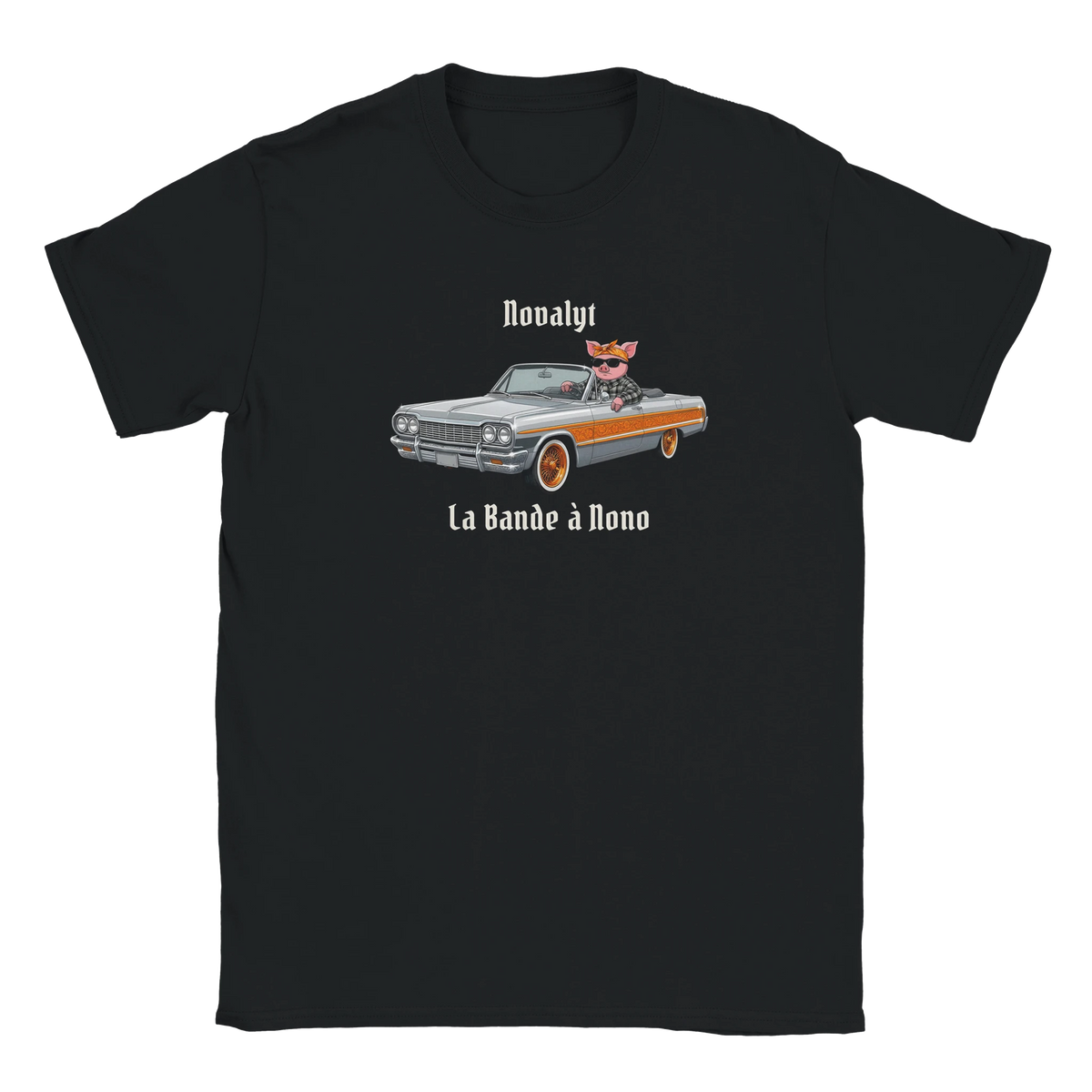 T-shirt noir NOVALYT avec Jason le cochon en voiture lowrider – vue 1