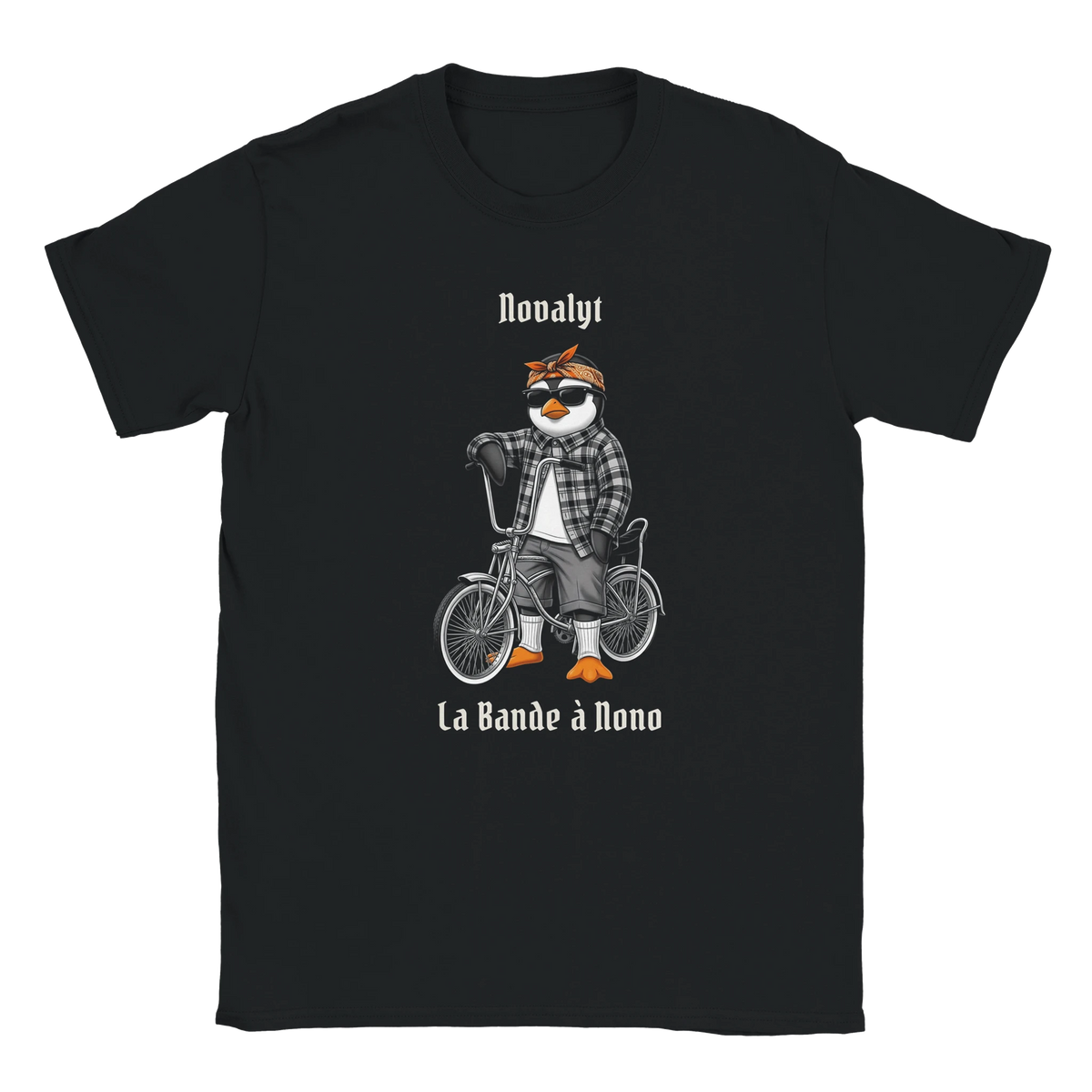 T-shirt noir NOVALYT avec Nono le pingouin en vélo lowrider – vue 1