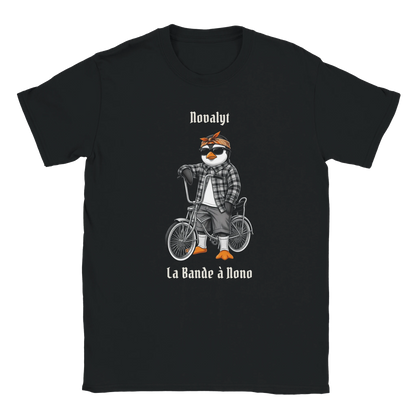 T-shirt noir NOVALYT avec Nono le pingouin en vélo lowrider – vue 1