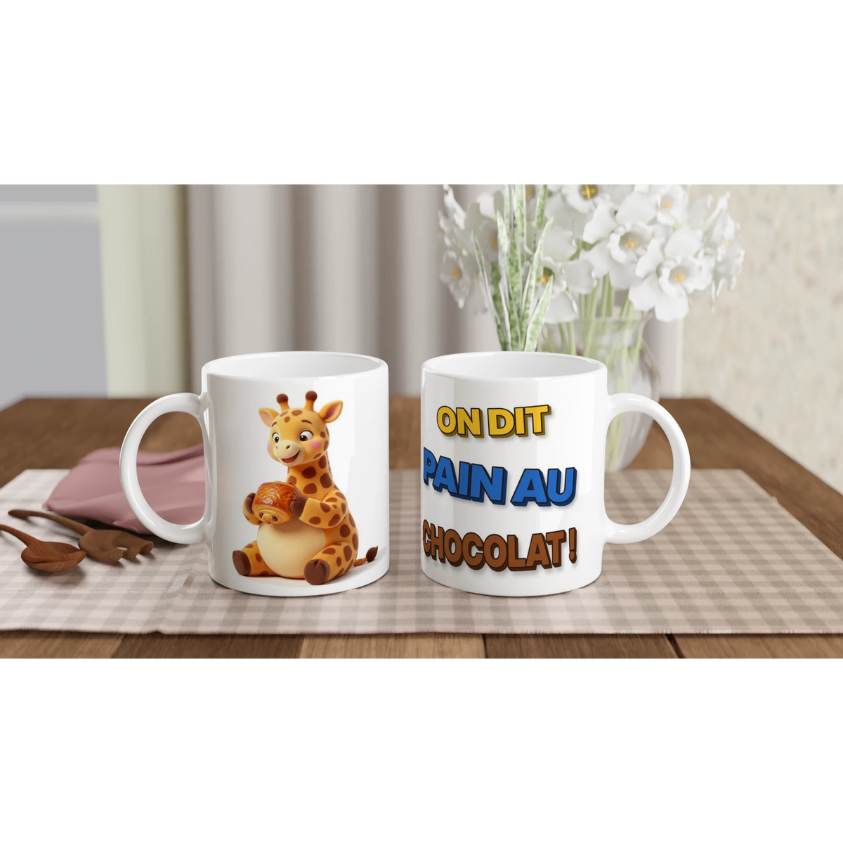 Tasse humour « On dit pain au chocolat » – Gigi la girafe, édition 3D – les deux côtés : dessin et texte