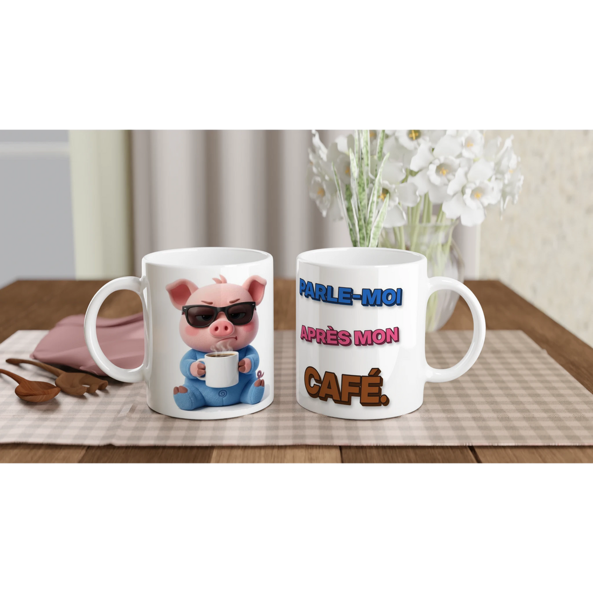 Tasse humour « Parle-moi après mon café » – Jason le cochon, édition 3D – les deux côtés : dessin et texte