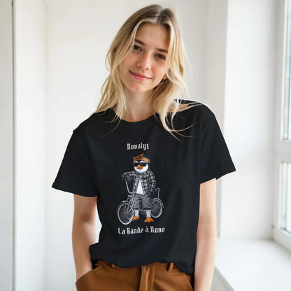 T-shirt noir NOVALYT avec Nono le pingouin en vélo lowrider – vue 3