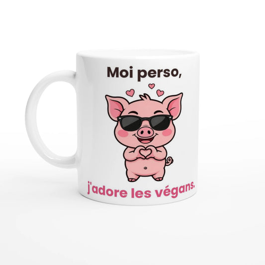 Tasse « Moi perso, j'adore les végans » – Jason le cochon – vue de face