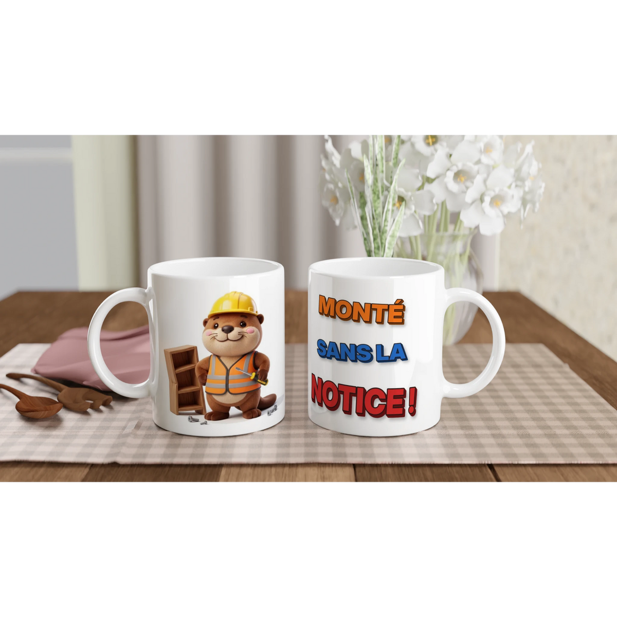 Tasse humour bricoleur « Monté sans la notice » – Jojo la loutre, édition 3D – les deux côtés : dessin et texte