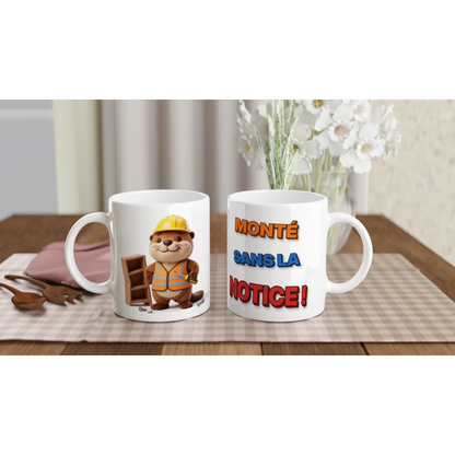Tasse humour bricoleur « Monté sans la notice » – Jojo la loutre, édition 3D – les deux côtés : dessin et texte
