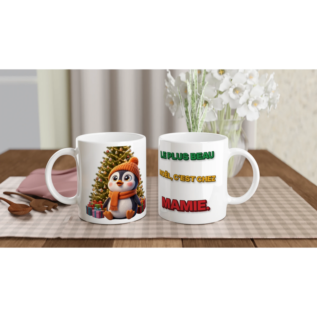 Tasse Noël « Le plus beau Noël, c’est chez Mamie » Nono 3D – les deux côtés : dessin et texte