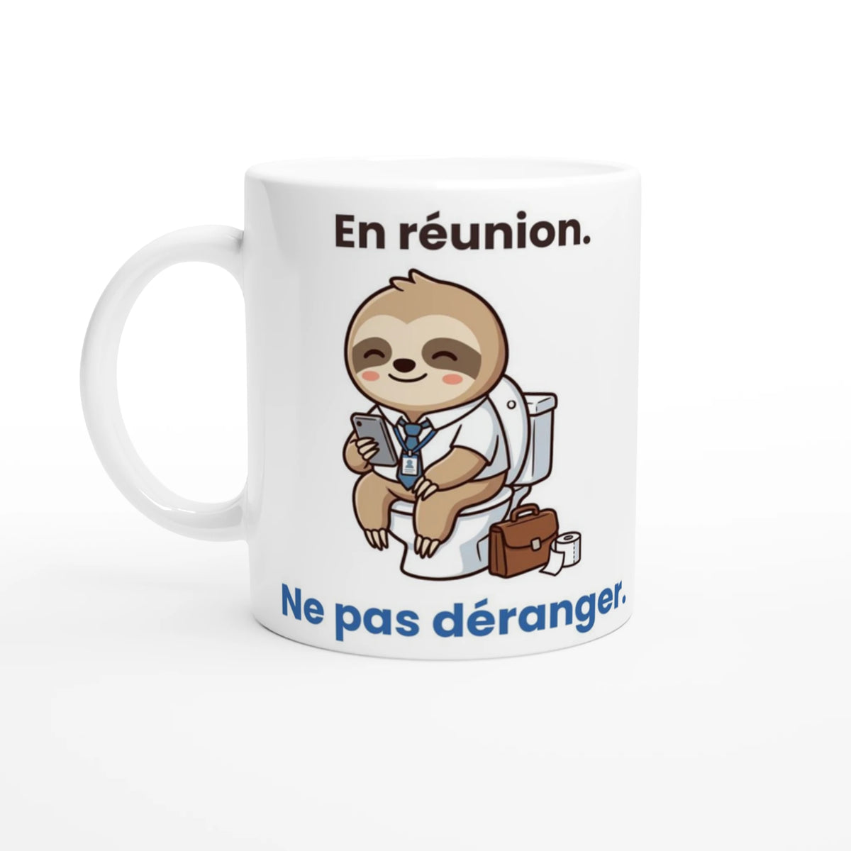 Tasse « En réunion. Ne pas déranger. » – Molo le paresseux – vue de face