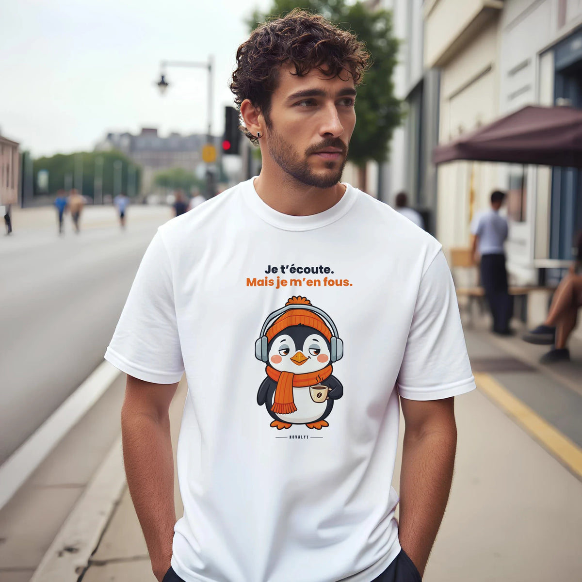 T-shirt NOVALYT avec Nono le pingouin, « Je t'écoute. Mais je m'en fous. » – vue 6