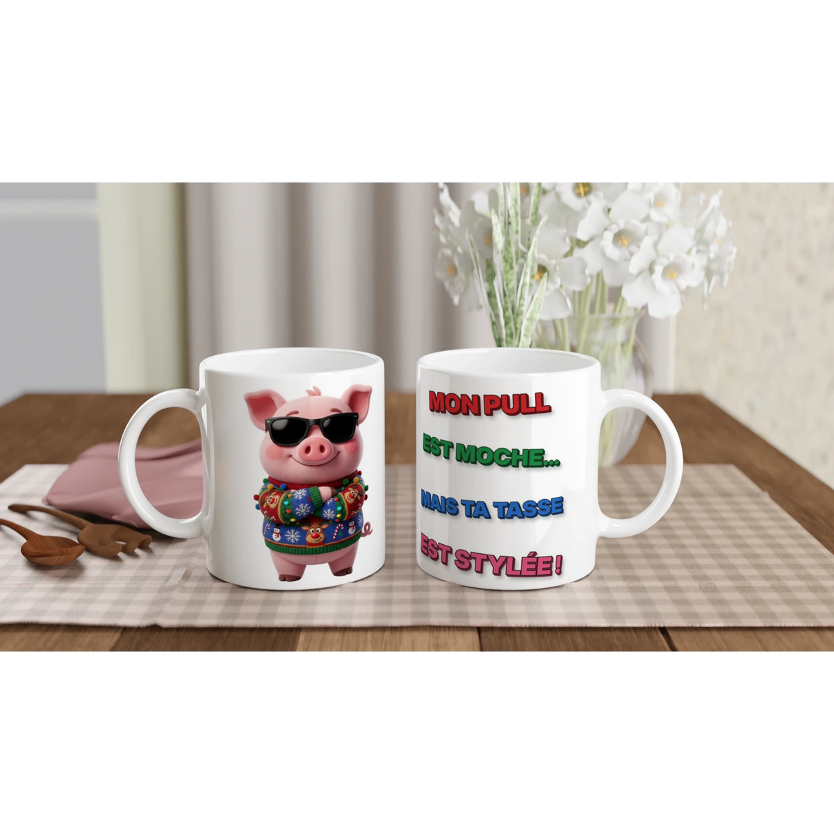 Tasse Noël « Mon pull est moche mais ta tasse est stylée » Jason 3D – les deux côtés : dessin et texte