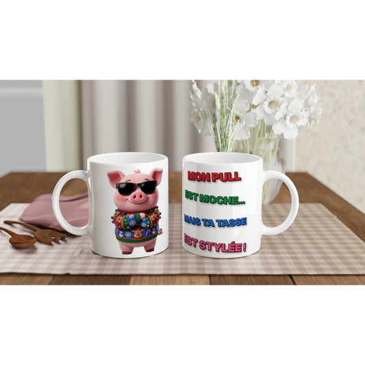 Tasse Noël « Mon pull est moche mais ta tasse est stylée » Jason 3D – les deux côtés : dessin et texte
