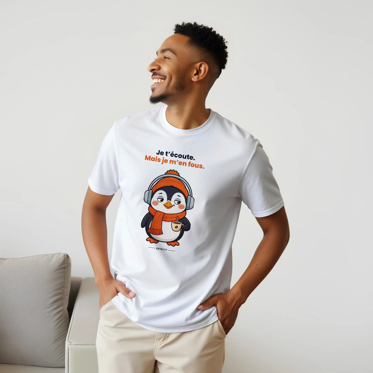 T-shirt NOVALYT avec Nono le pingouin, « Je t'écoute. Mais je m'en fous. » – vue 5